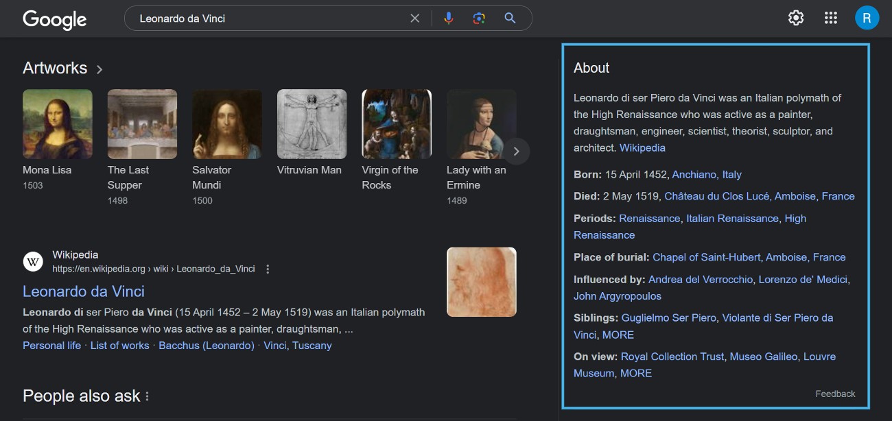 gráfico de conocimiento de leonardo da vinci